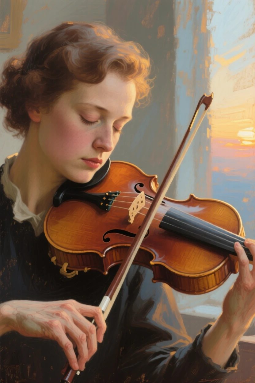 A close-up portrait of a violinist pausing mid-performance, eyes closed in concentration, just after sunrise, in the 1960s.