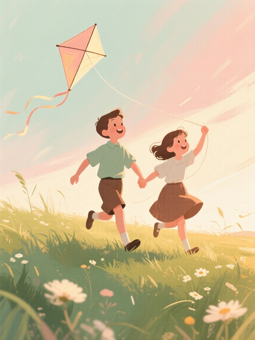 Two children flying kites together in a breezy meadow