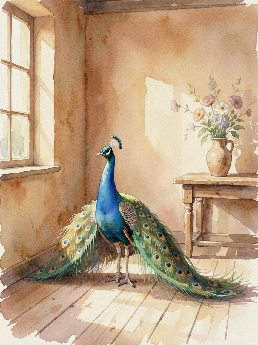 A peacock displaying its feathers in a warm farmhouse setting.