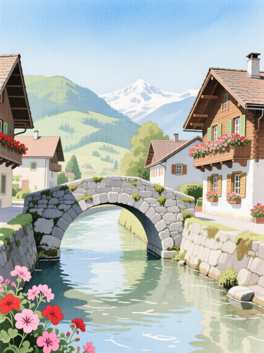 A picturesque view of a Swiss alpine village with a stone bridge arching over a canal, beneath a clear blue sky