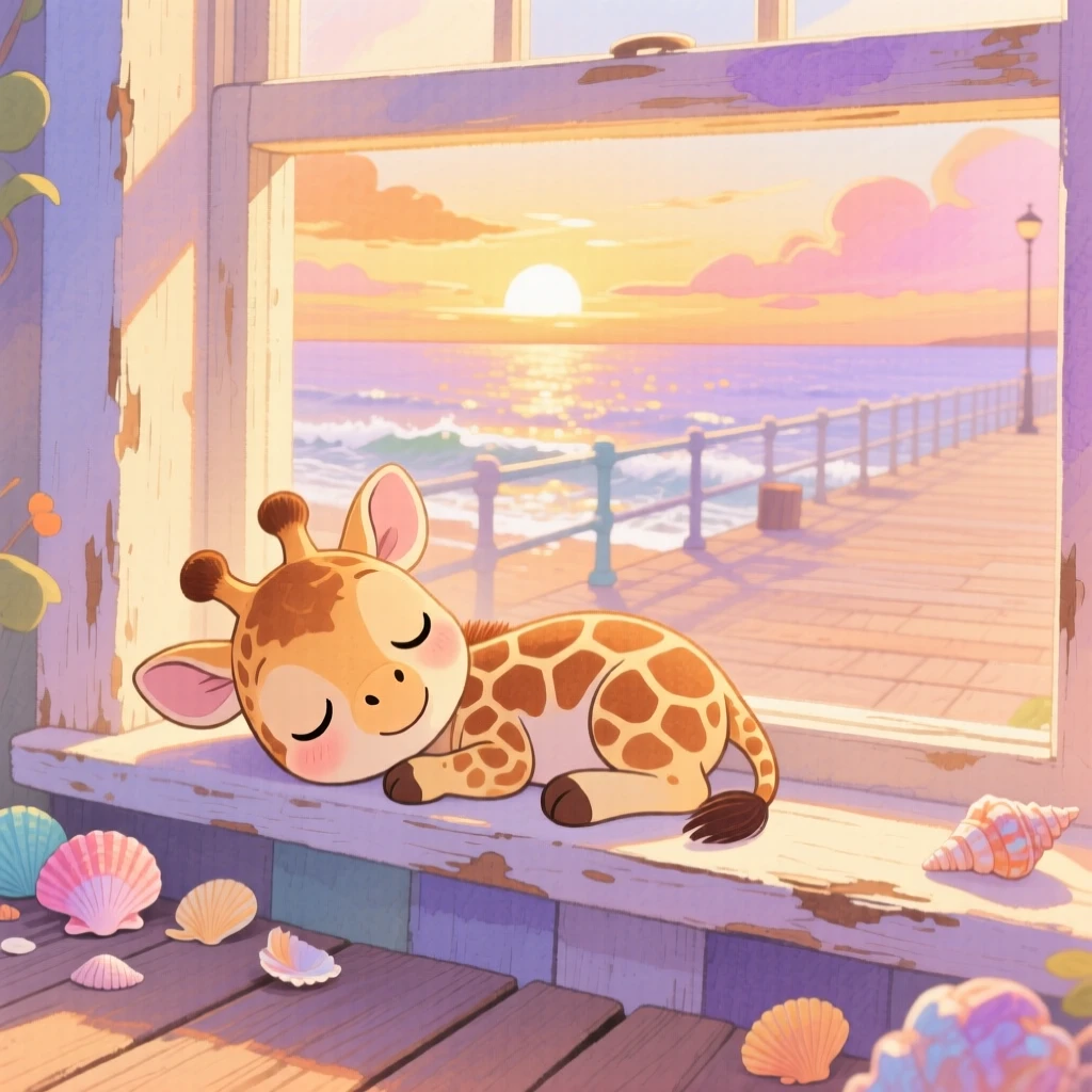 A baby giraffe napping in a sunbeam on a windowsill, set in a seaside boardwalk at golden hour, filled with wide-eyed wonder.