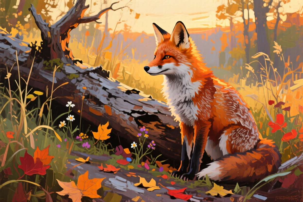 a fox watching from beside a fallen log, at the end of a warm day, composed along a natural leading line.