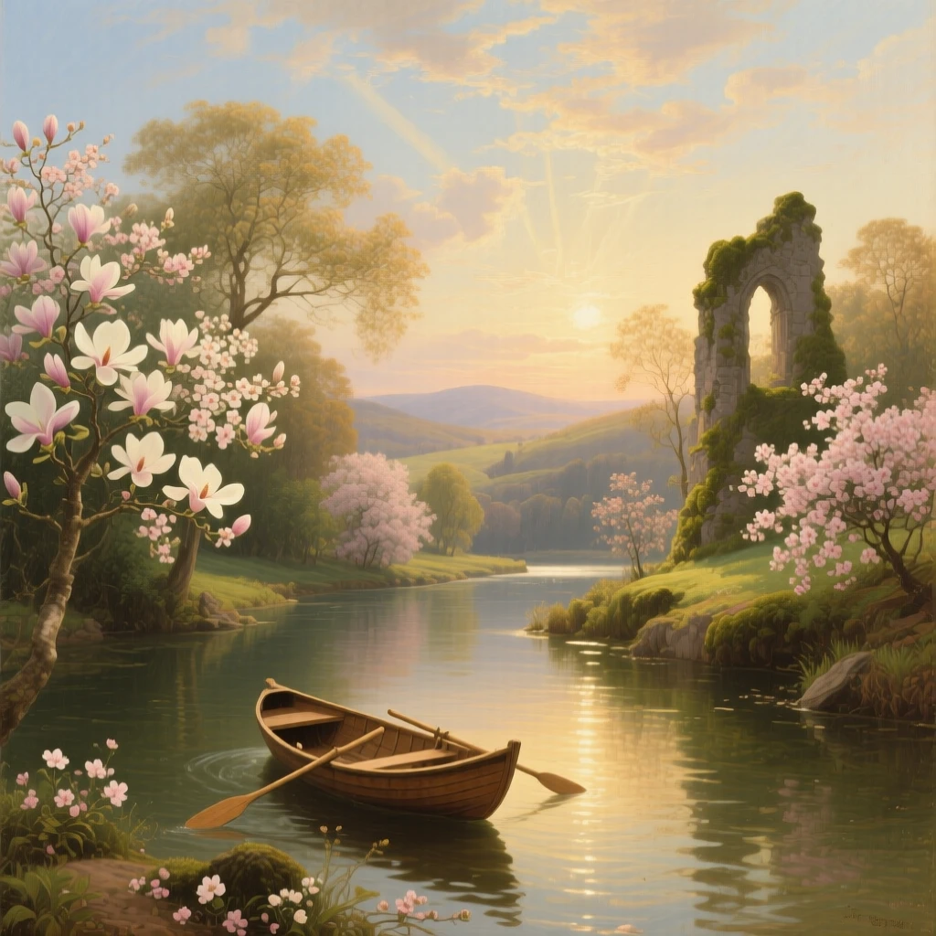 A rowboat drifts lazily down a river lined with blooming trees.