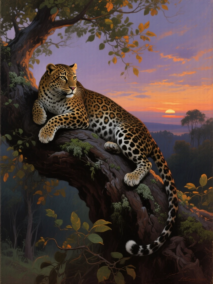 A leopard resting draped over a thick tree branch at dusk, muscles tensed with powerful, controlled grace, highlighting the quiet majesty found in the natural world