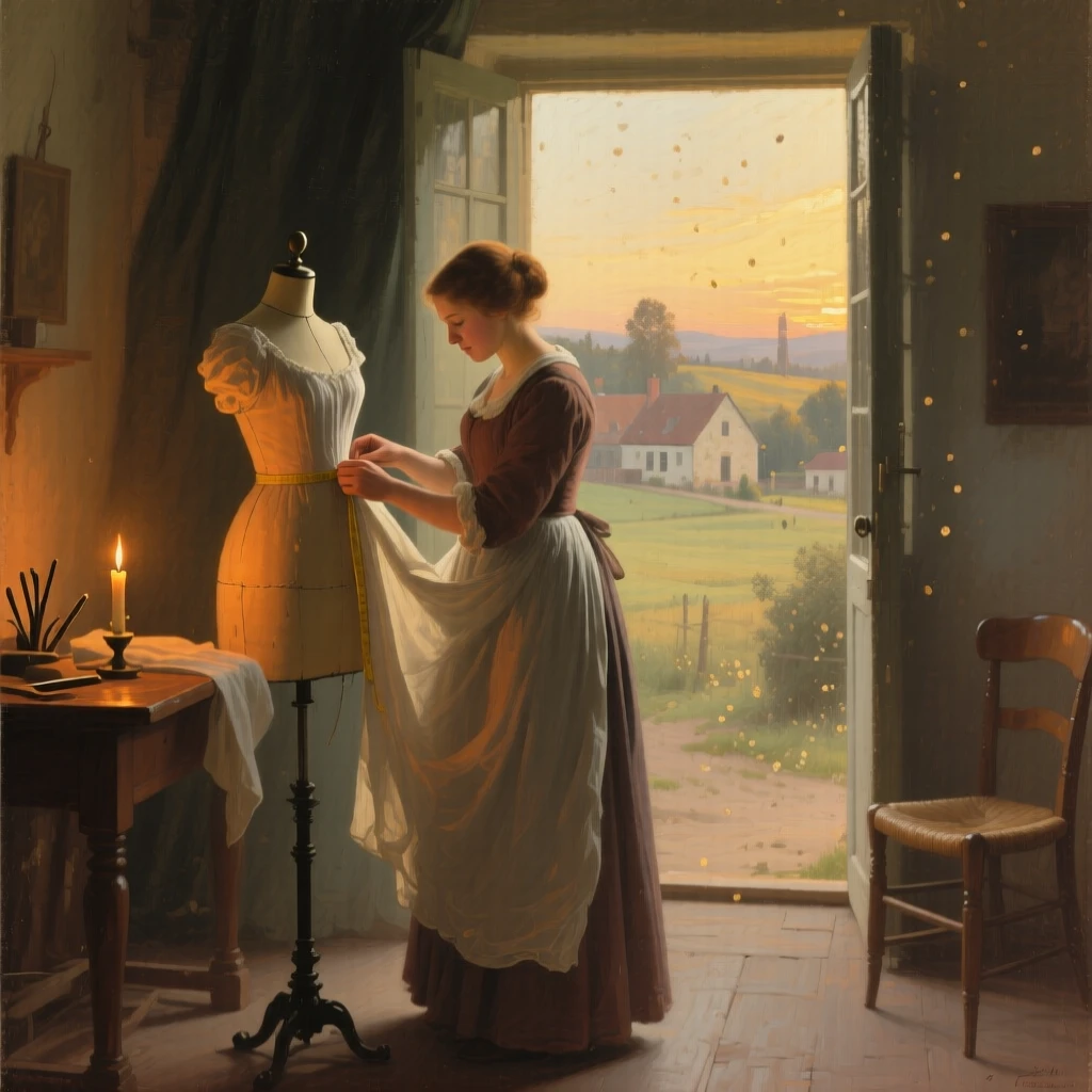 A seamstress carefully fitting a gown by candlelight in a small, quiet moment made luminous and lasting, set within a sunlit rural village at the start of a new day, with soft morning light catching dust and flour in the air; warm natural light elevates a humble scene into something timeless, suggesting that meaning is found in life's smallest rituals.
