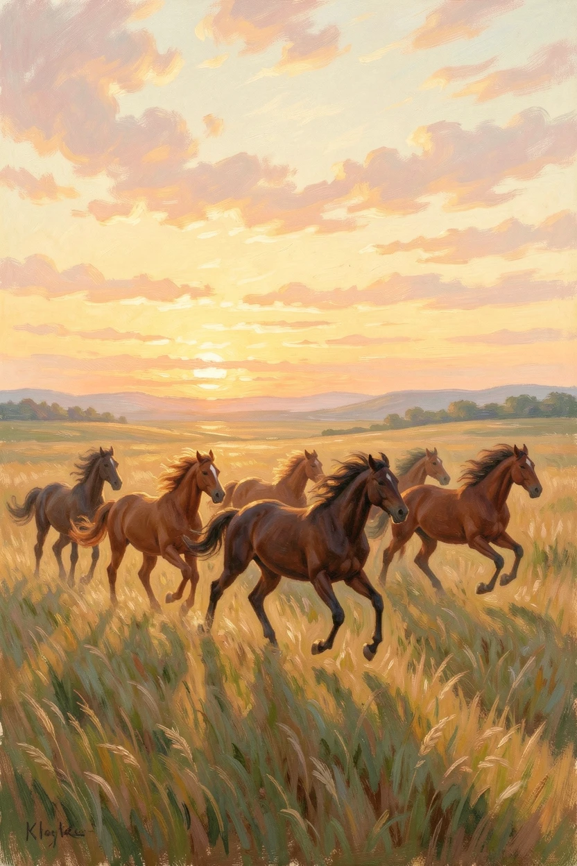 A herd of wild horses galloping freely across an open golden prairie at sunset.