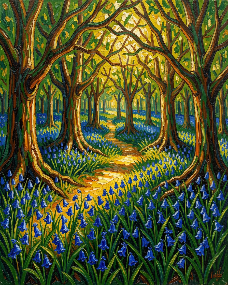 A quiet forest glade where sunlight pools on a carpet of bluebells.