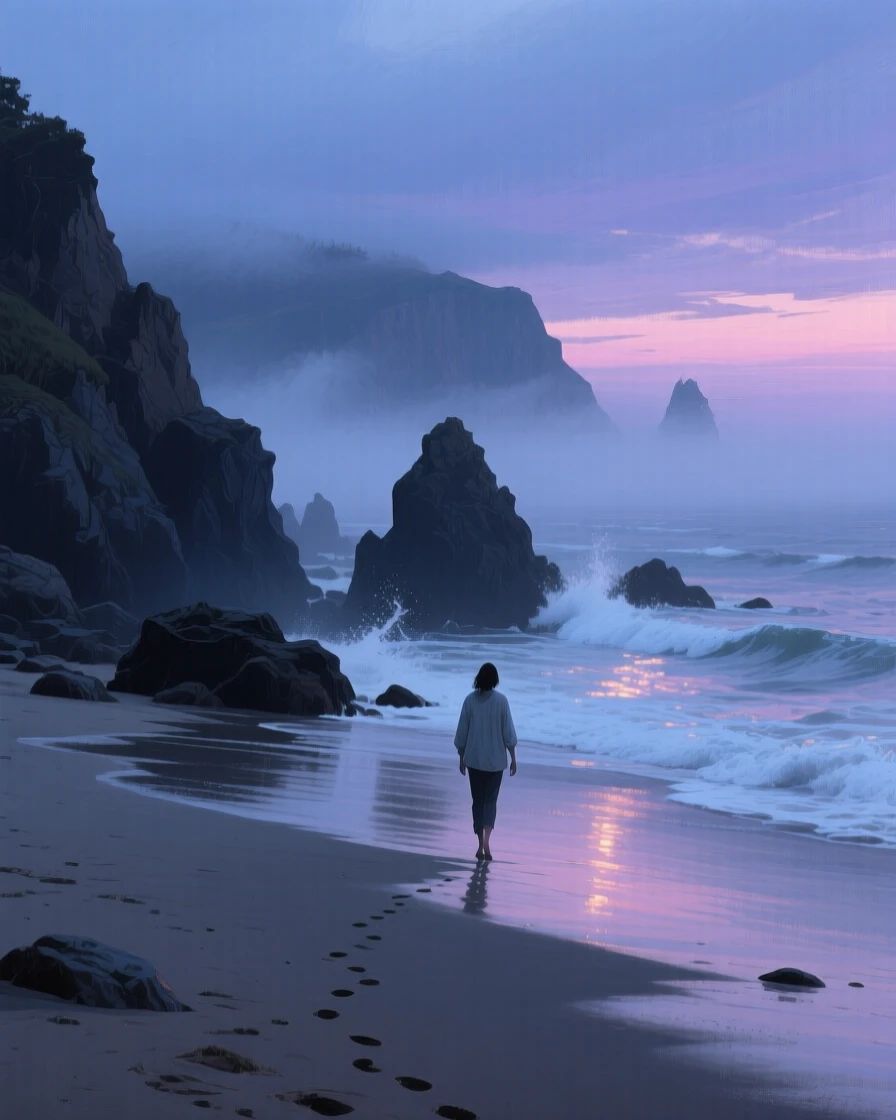 A moody beach in Big Sur at dusk shows fog rolling in over jagged rocks, waves glowing faintly in the fading light, a single figure walking along the shoreline, subtle color shifts across the sky suggesting the slow passage of time within the scene.