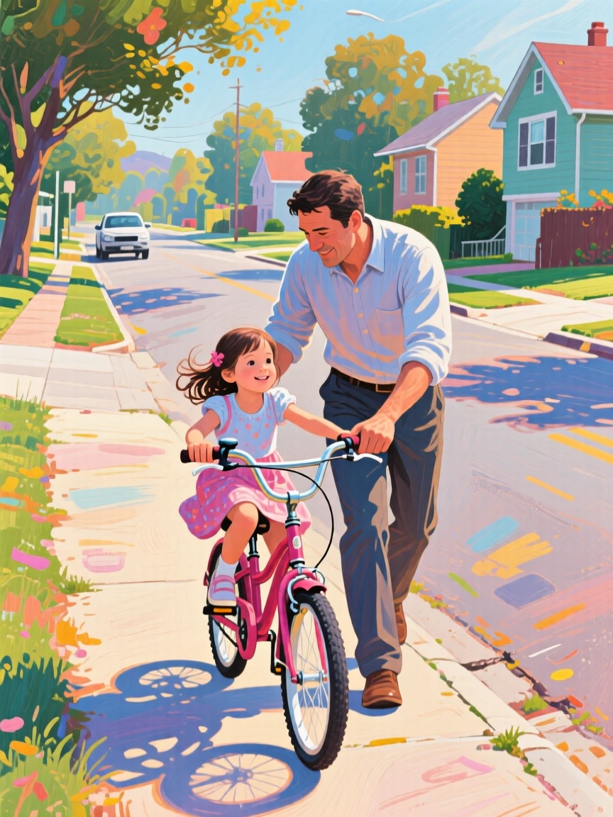 A father teaching his young daughter to ride a bicycle for the first time on a quiet suburban street