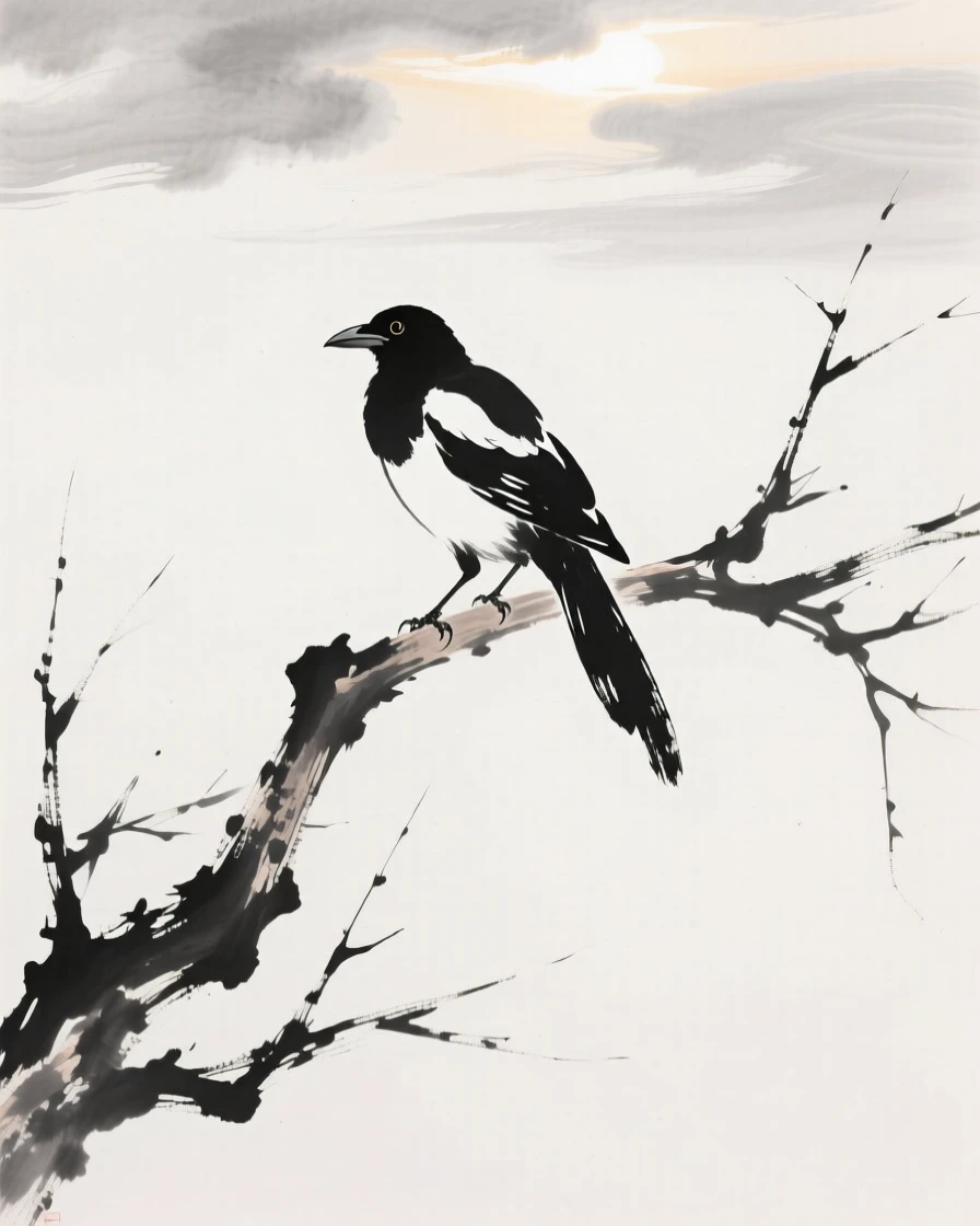 A magpie sits atop a bare winter branch, while morning light breaks through the clouds.