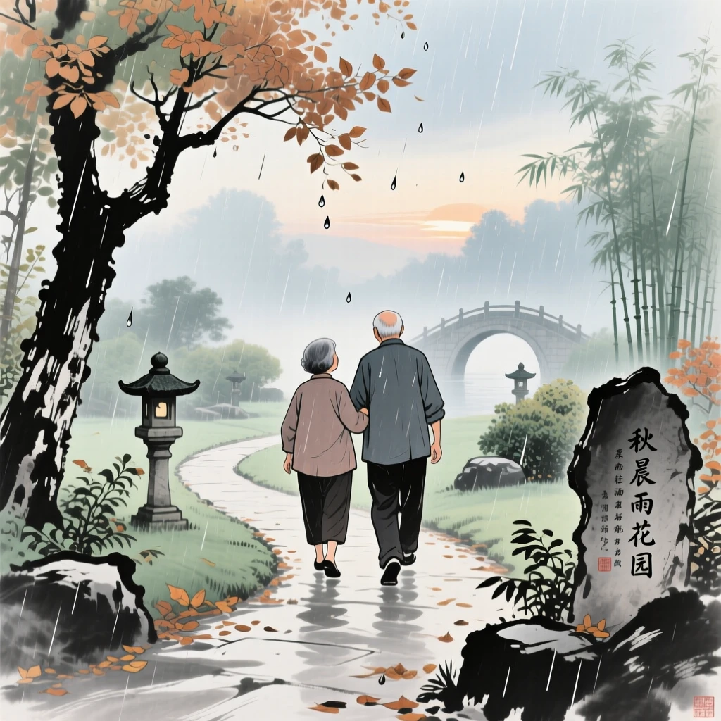 An elderly couple strolling arm in arm along a garden path in autumn, at dawn, as summer rain begins to fall.