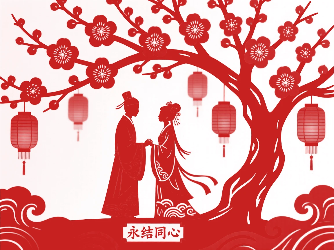 A betrothed couple exchanging vows beneath a blossoming tree, red lanterns glowing warmly in the background.