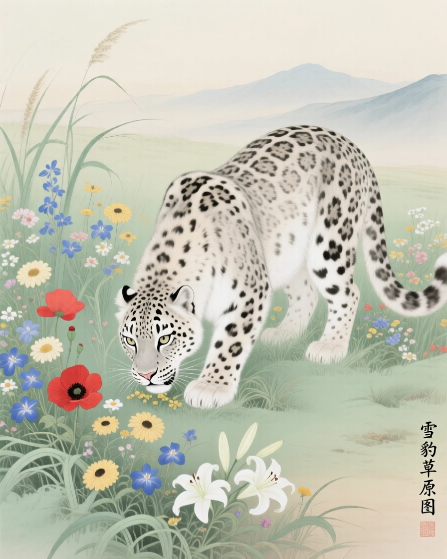 A snow leopard grazing in a meadow full of wildflowers