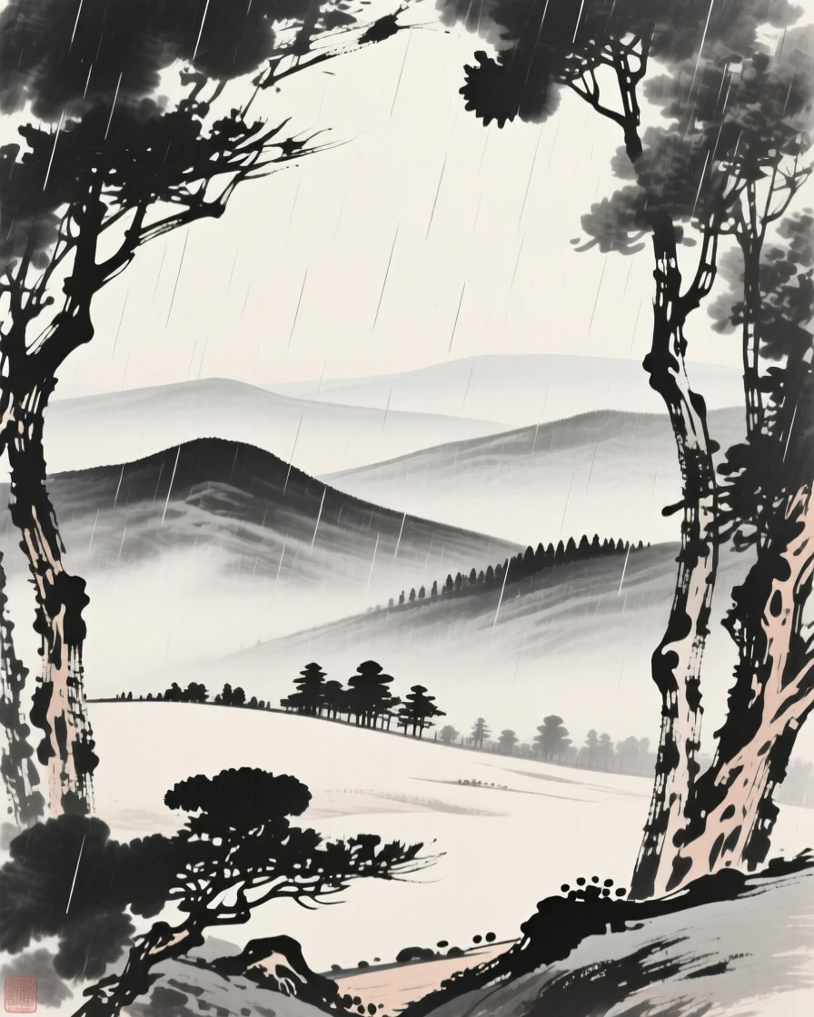 A chain of rolling hills fading into the horizon while a light rain blurs the distant tree line, framed through a gap in the trees, revealing the valley beyond, suggesting the quiet vastness of the natural world.