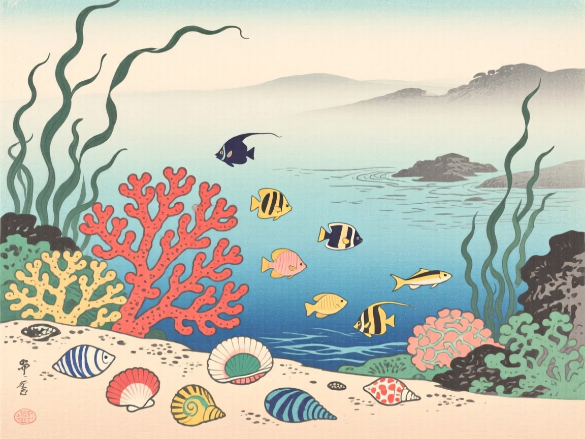 A coral reef alive with fish near a scatter of colorful shells, on a calm misty morning.