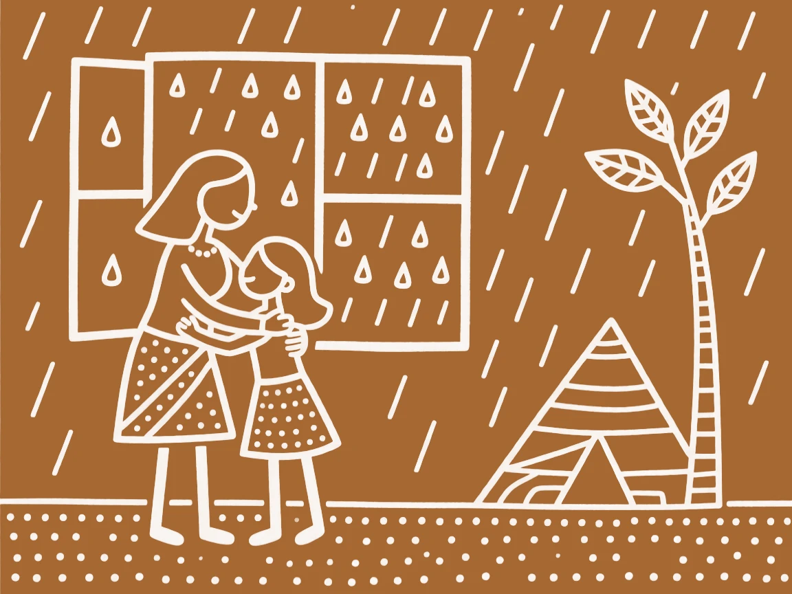 A mother and her grown daughter embracing after a long separation by a window during the monsoon.