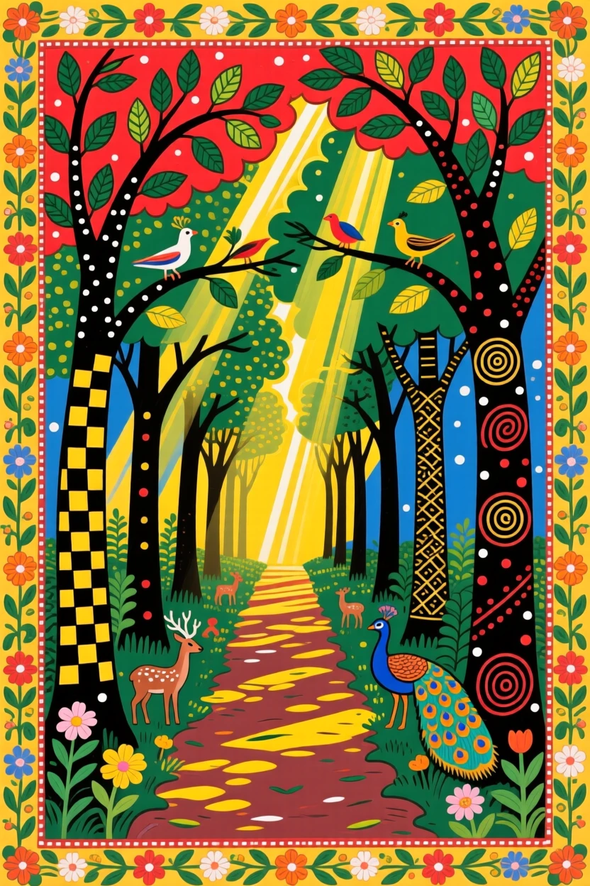 A dense forest path dappled with sunlight filtering through the canopy.
