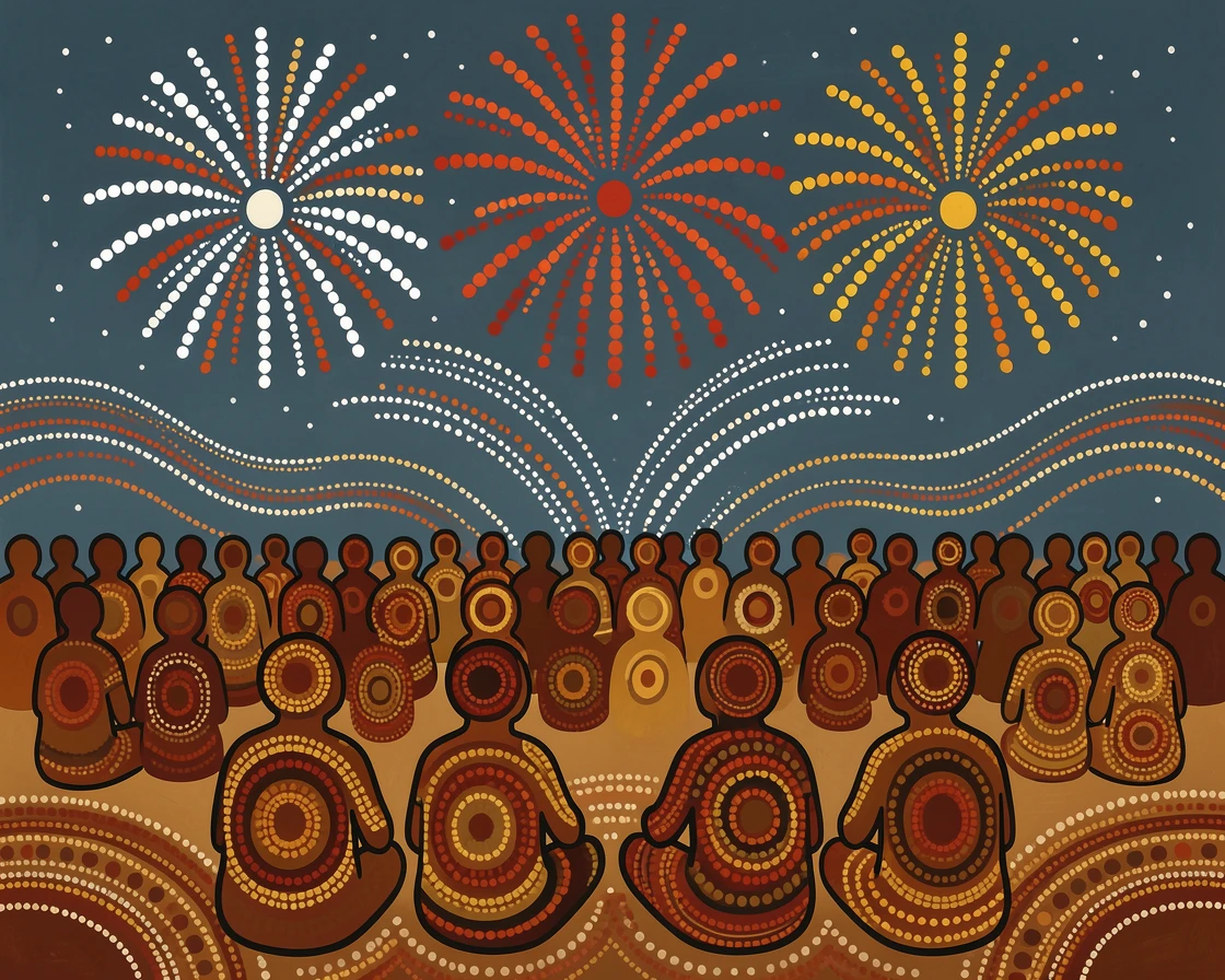 A family watching fireworks over a festival crowd