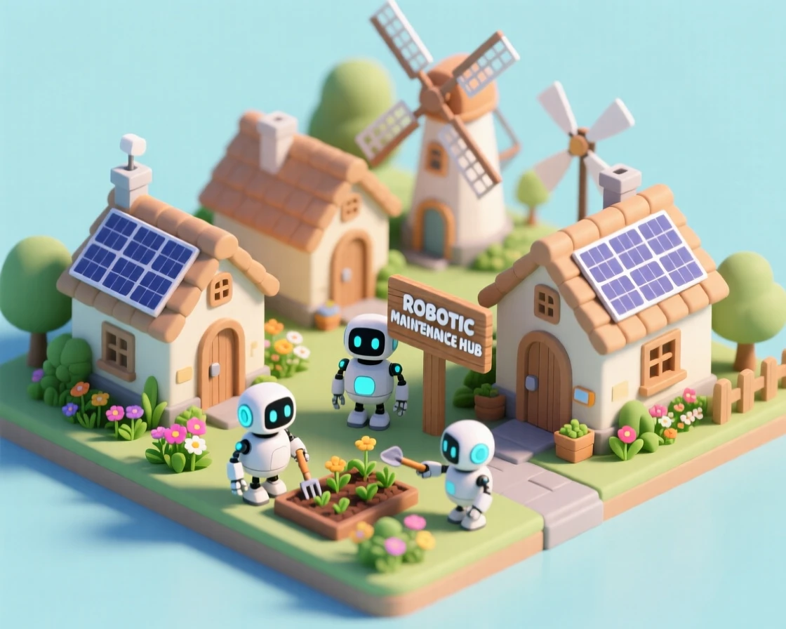 A robotic maintenance village where friendly robots tend gardens and repair windmills, solar panels gleaming on every rooftop under a clear blue sky.