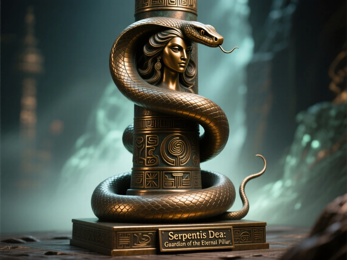 A serpent goddess coiled around a sacred pillar, bathed in ethereal, otherworldly glow, radiating awe and grandeur
