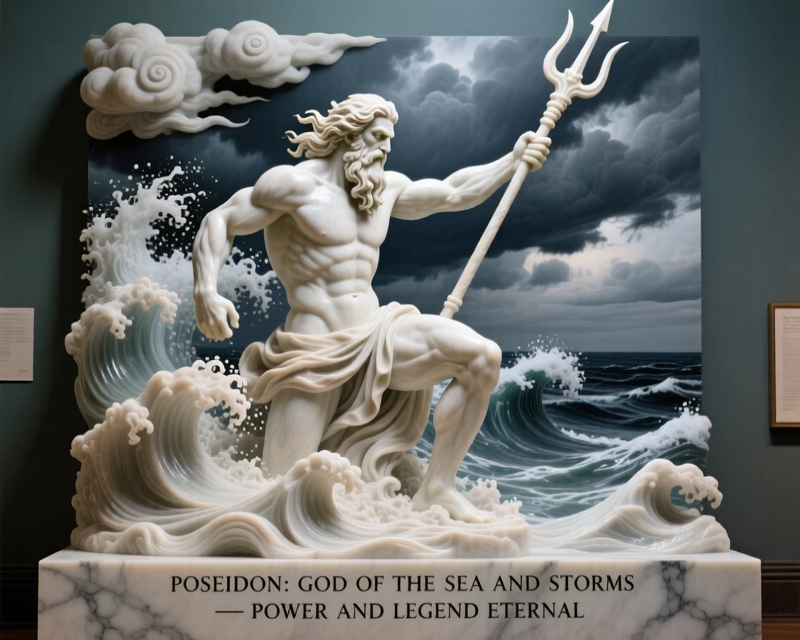 Poseidon rising from crashing ocean waves, framed by dramatic storm clouds, radiating power and legend