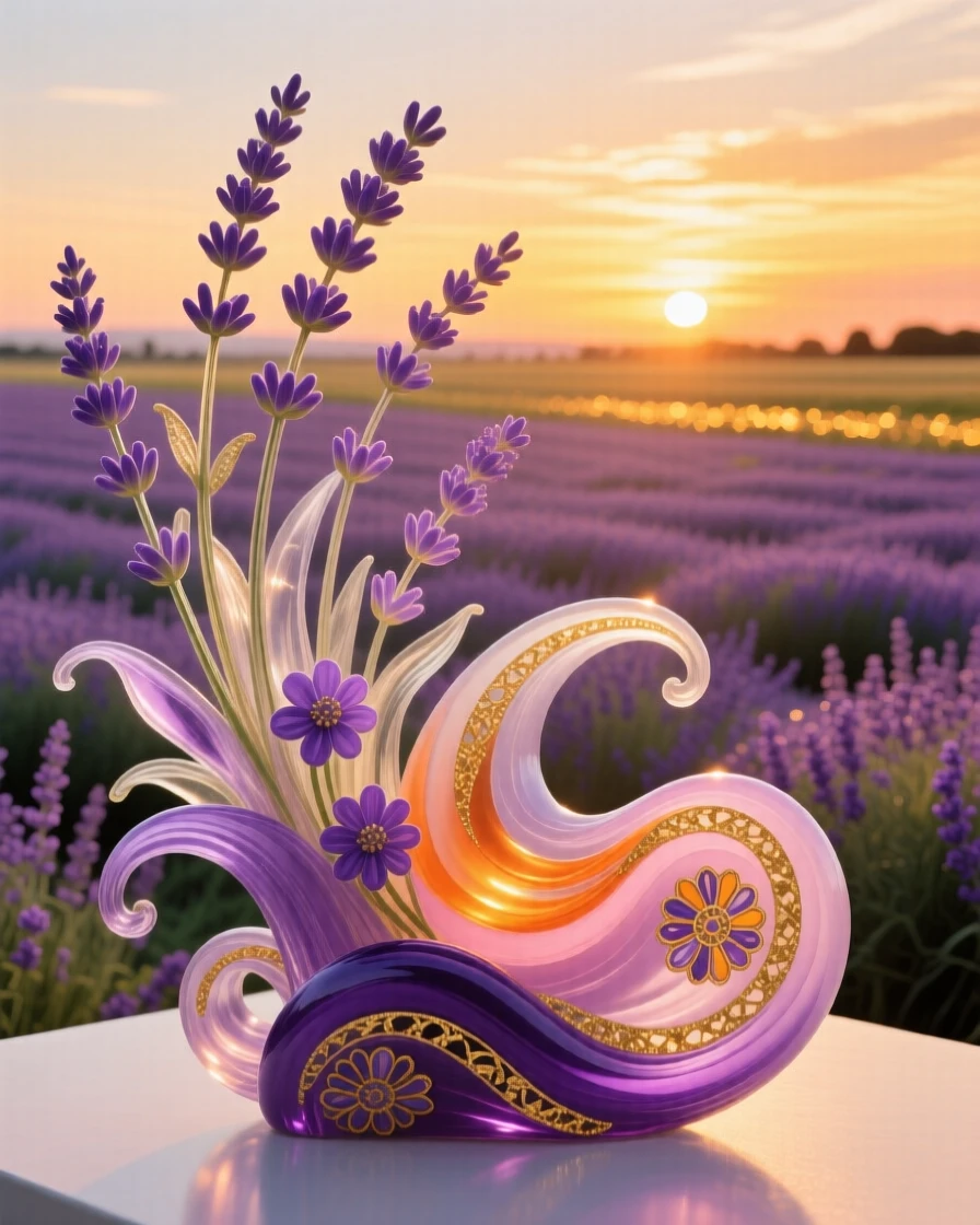 A field of lavender stretching to the horizon under a golden summer sunset, calming and vast.