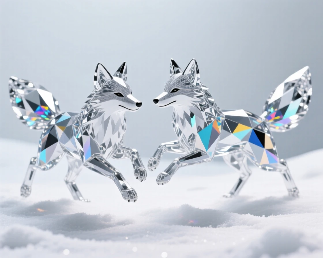 A pair of arctic foxes playfully chasing each other across untouched snow.