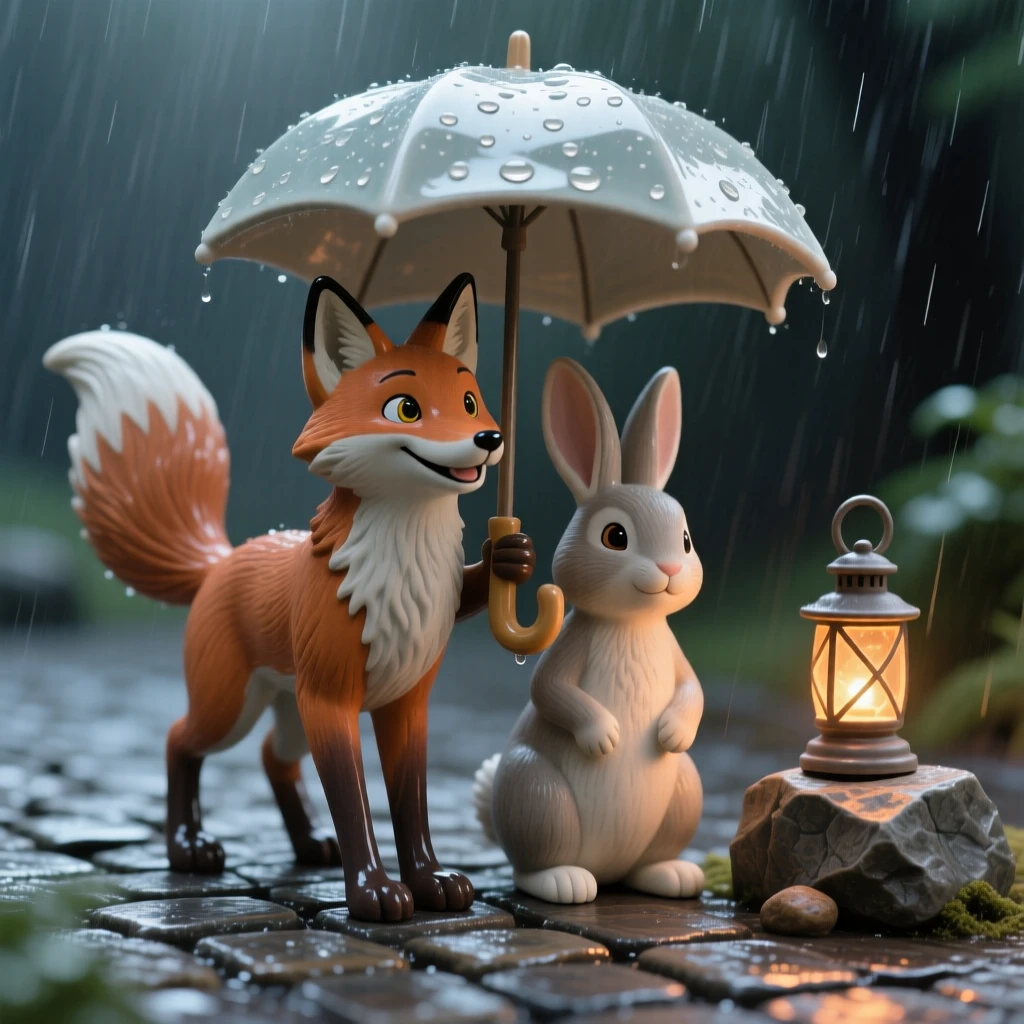 A fox and rabbit sharing an umbrella in the rain posed mid-adventure with playful energy, with warm lantern light glowing softly nearby, radiating coziness and storybook charm.