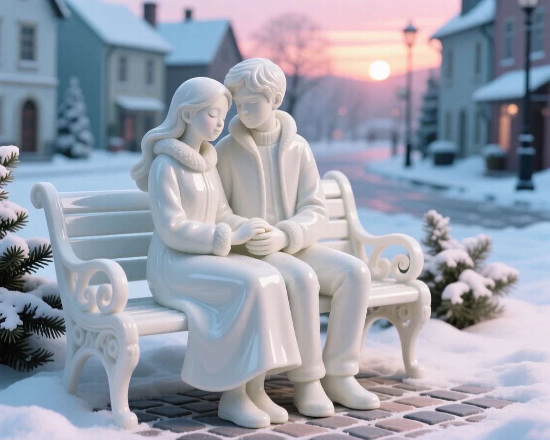 A tender scene of a young couple watching a sunset from a garden bench in a snowy village square, her eyes closed in peaceful reflection.