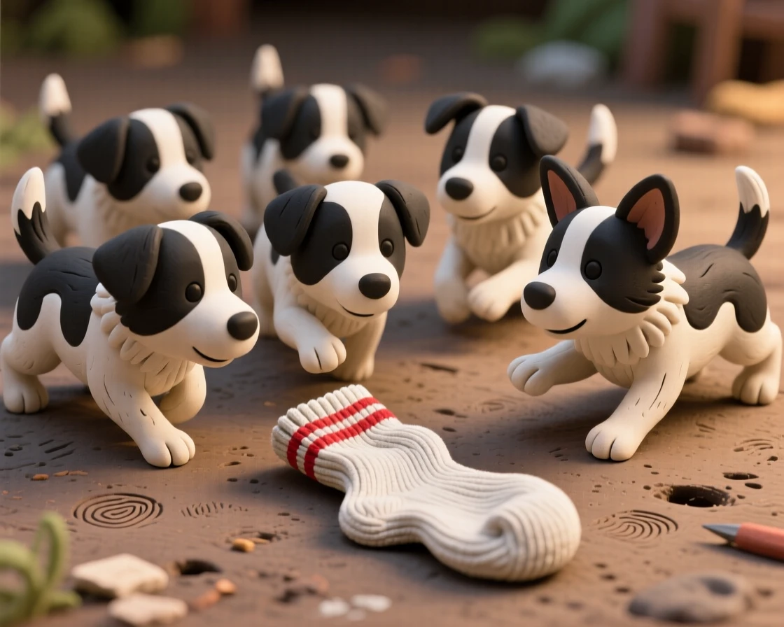 A litter of border collie puppies herding a single stray sock