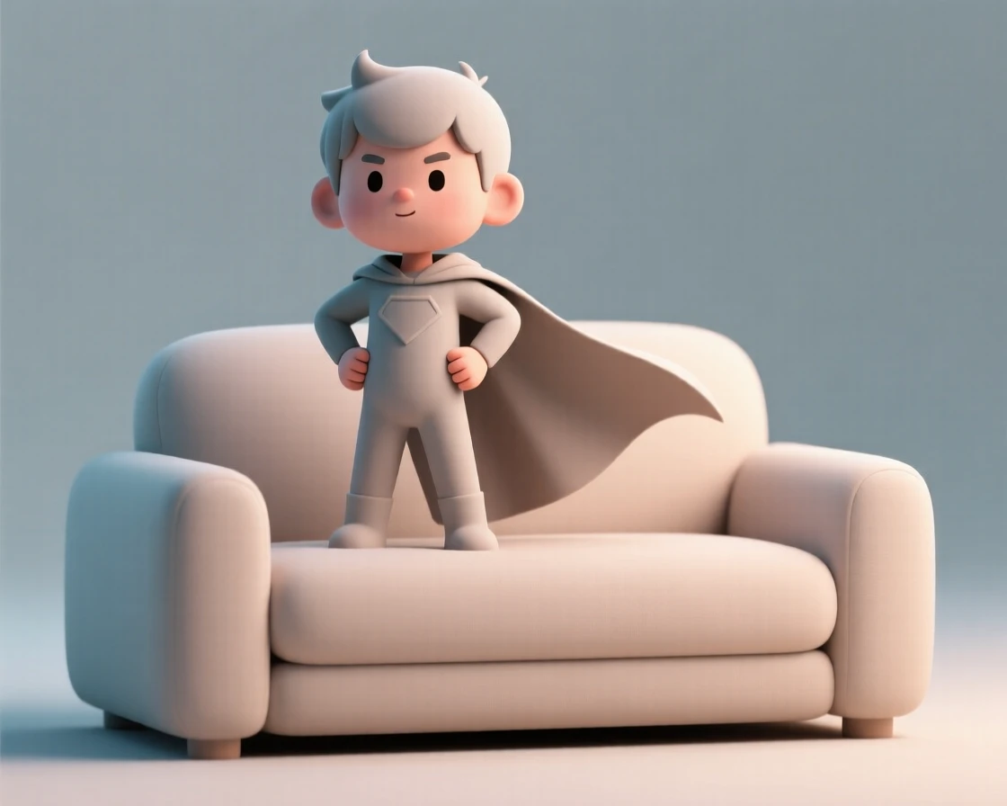 A little boy in a superhero cape stands proudly on a couch cushion, fists on hips and chin lifted high.