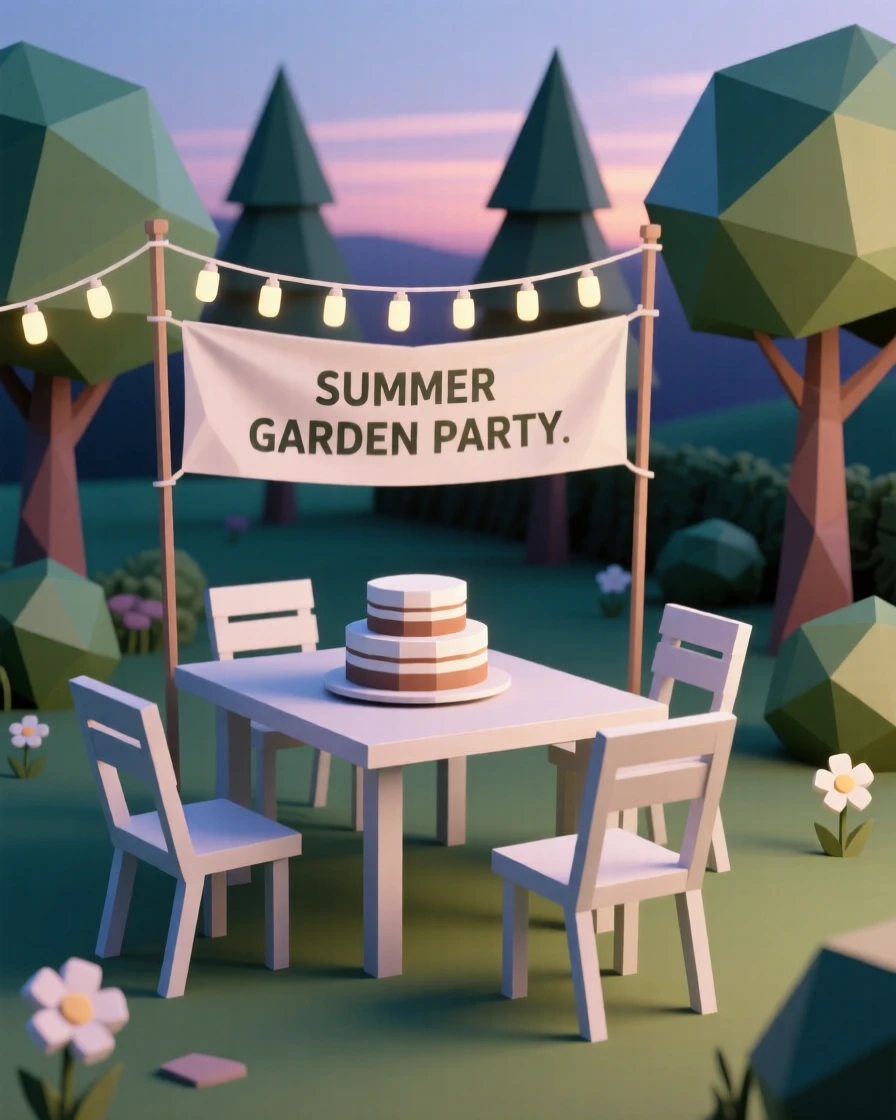 A summer garden party strung with fairy lights, as the last light of evening fades. the composition centers on the main celebratory focal point. There is a joyful, festive energy in the air.