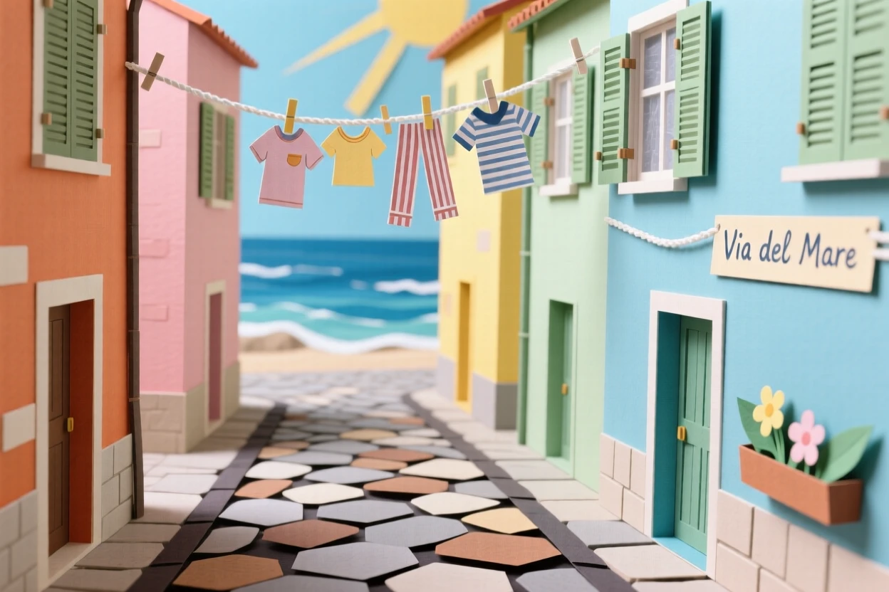 A narrow cobblestone street in a coastal Italian village lined with colorful pastel houses, laundry lines strung between windows, the sea glittering at the end of the road, evoking Mediterranean charm.
