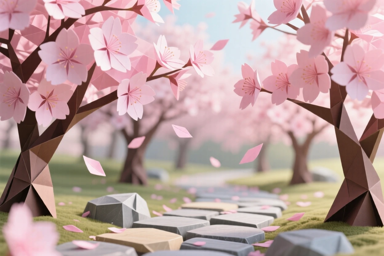 A cherry blossom grove in full bloom, pink petals drifting down onto a quiet stone path.