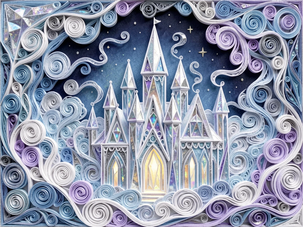 a snow queen's ice palace shimmering under starlight, within a crystal grotto glowing from within, captured in an intimate close-up glowing softly, with delicate wisps of magical mist curling upward.