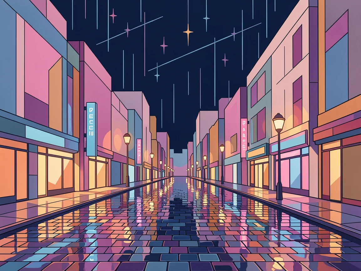 A rainy city street reflecting colorful neon lights at night, with soft warm lighting and an inviting, peaceful atmosphere.