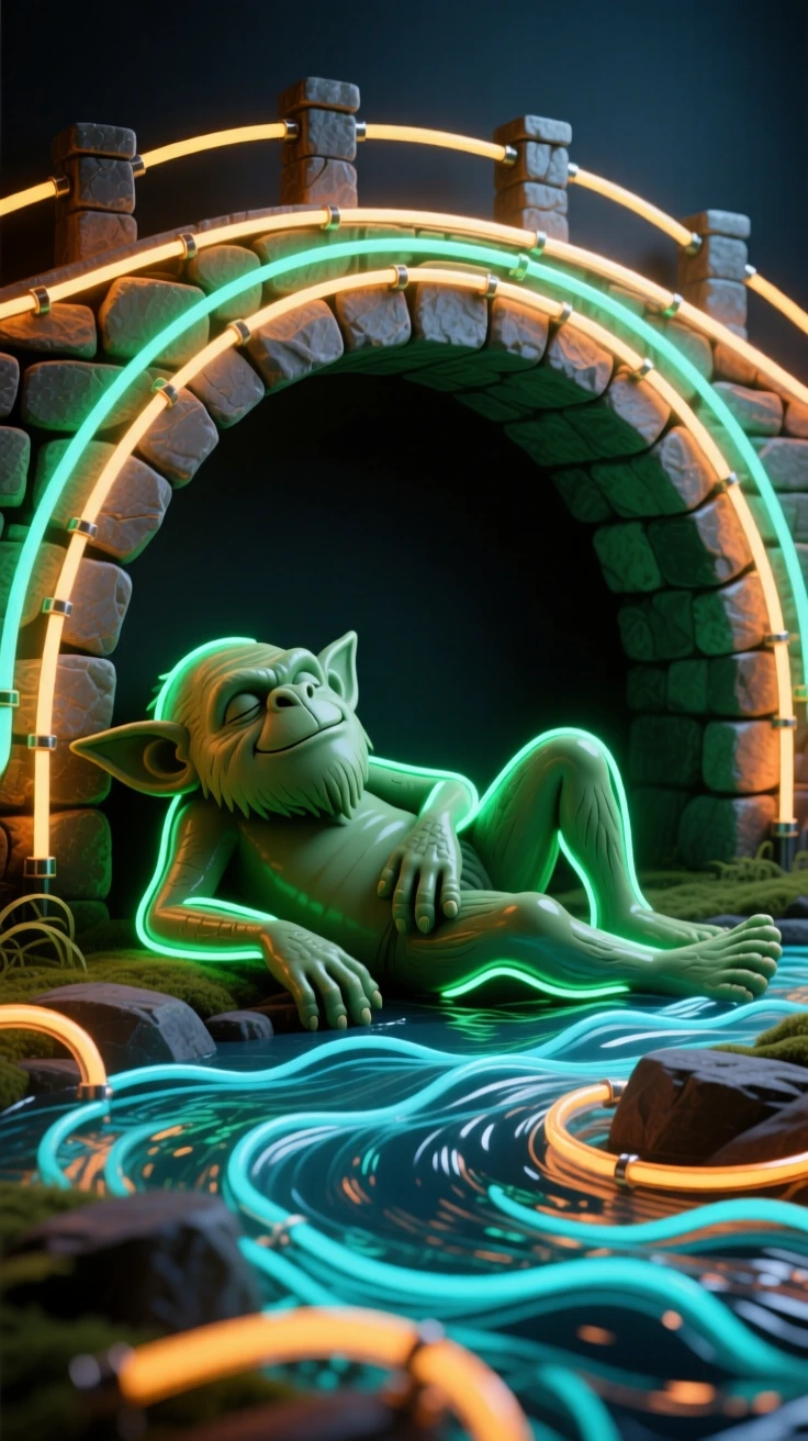 A troll resting beneath a stone bridge over a rushing river.