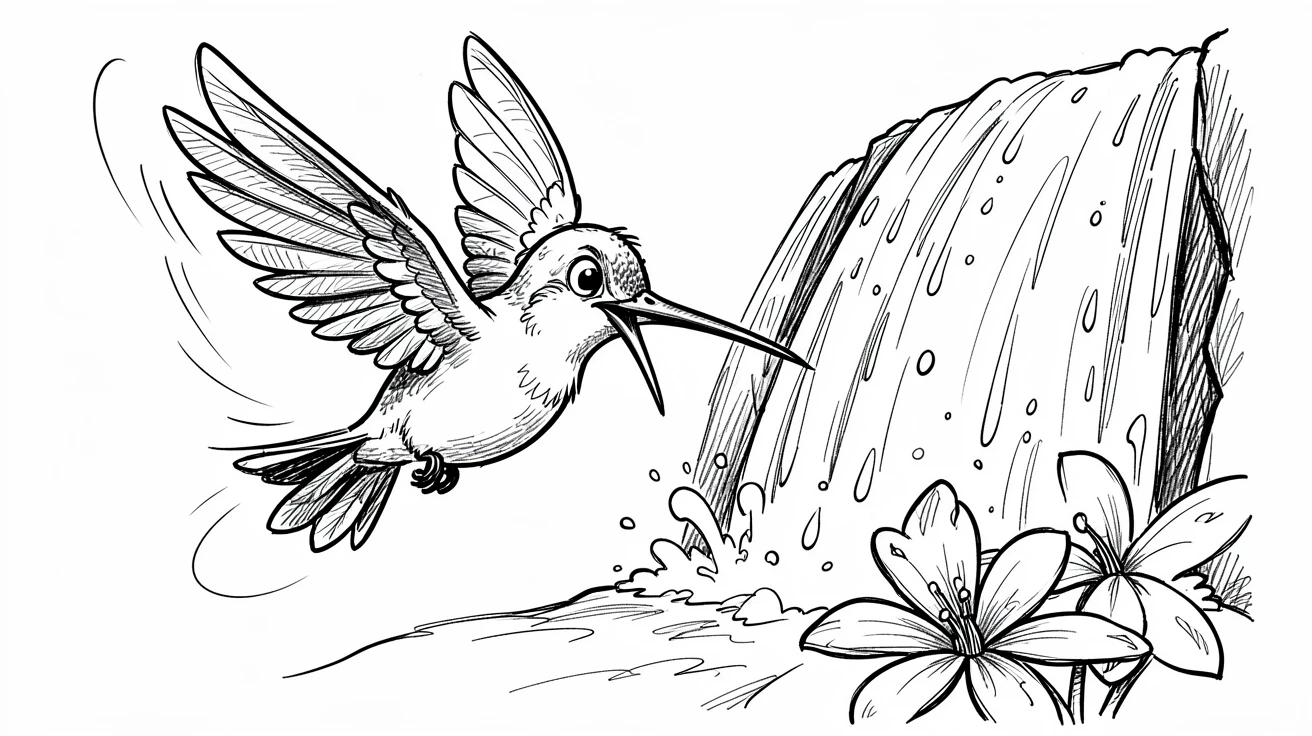 A hummingbird hovering by a flower near a sparkling waterfall.
