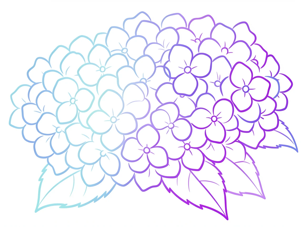 A cluster of hydrangea blossoms in shades ranging from blue to violet.