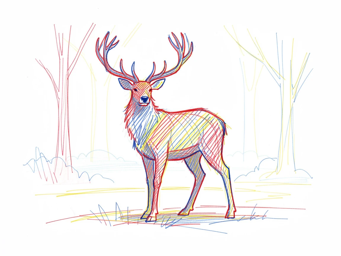 A majestic stag standing proudly in a misty forest clearing at dawn