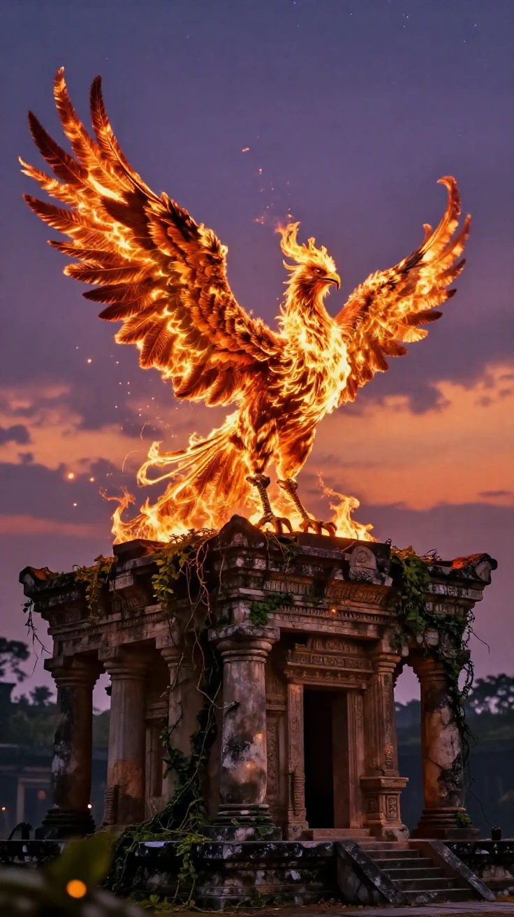 A phoenix rising in flames above an ancient temple at twilight