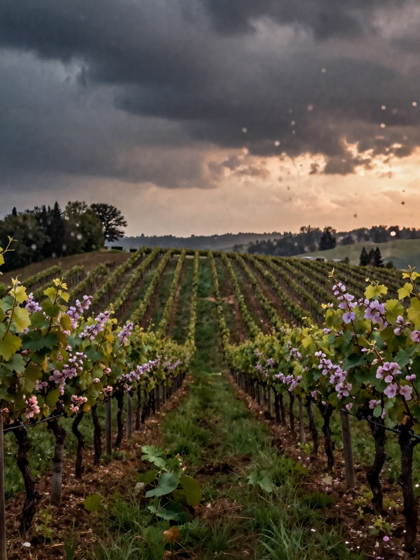 A vineyard's neat rows stretching across gentle hillside slopes, in the last light of dusk, under a darkening storm sky, as spring blossoms unfurl, in dusty lavender and rose tones, through a rain-streaked window.