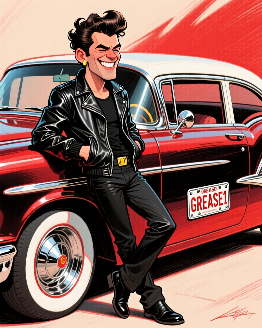 A cool fictional 1950s greaser leaning against a vintage car, thumbs hooked in his jacket.