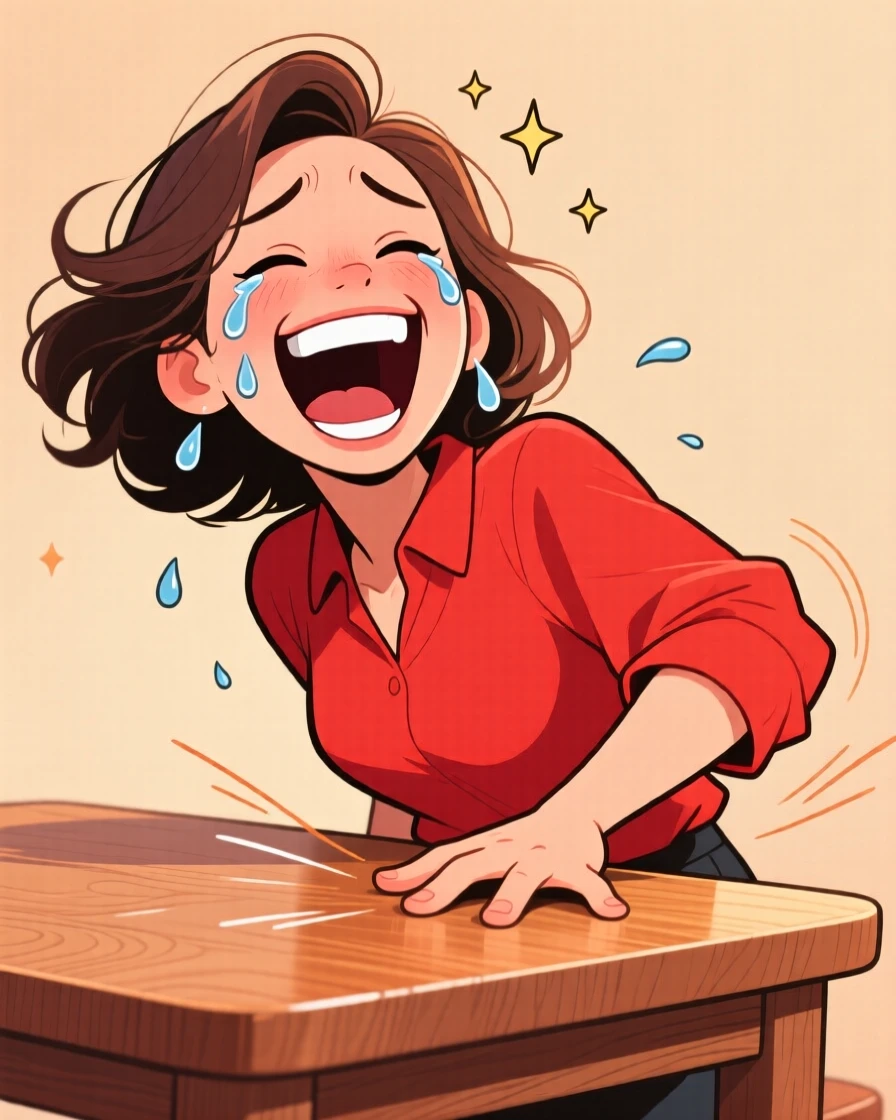 A funny expressive moment showing a woman laughing so hard tears stream down her face, hand slapping the table.