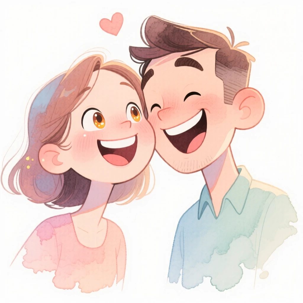 A couple celebrating their anniversary leaning forehead to forehead and laughing