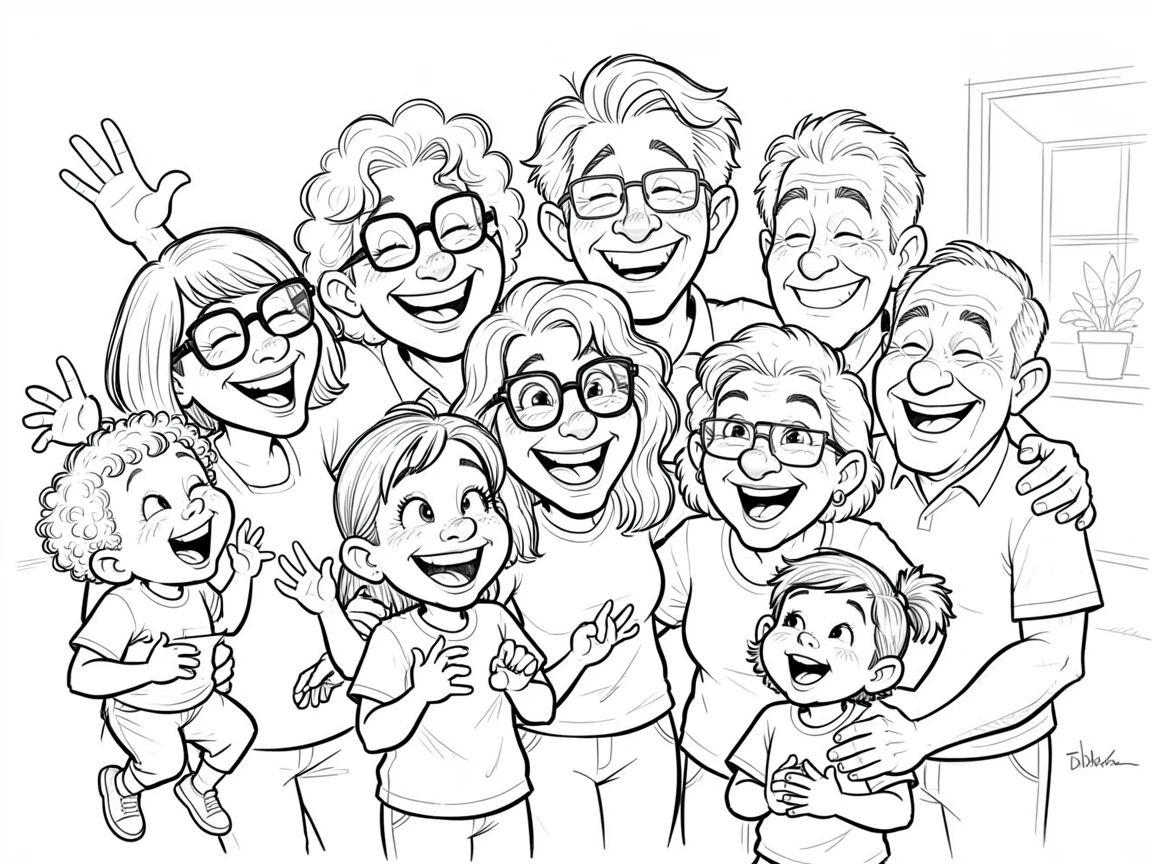 [Family & Relationship Moments] Heartwarming scene of a big family posing for a chaotic but joyful group photo, radiating love and warmth