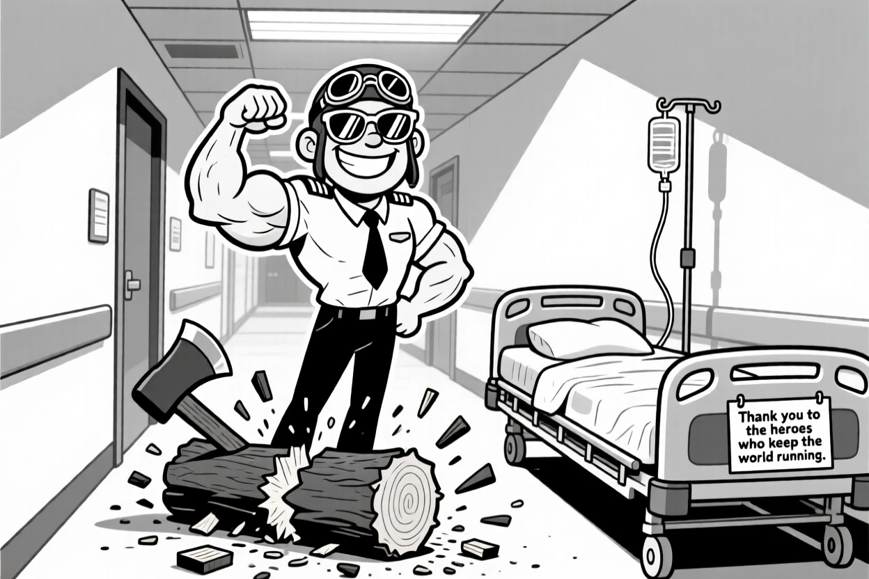 A confident pilot with aviator sunglasses, flexing after chopping through a giant log, set in a hospital hallway lit by flickering fluorescent lights. An IV pole rattles softly beside the bed. It feels like a warm nod to the people who keep the world running.