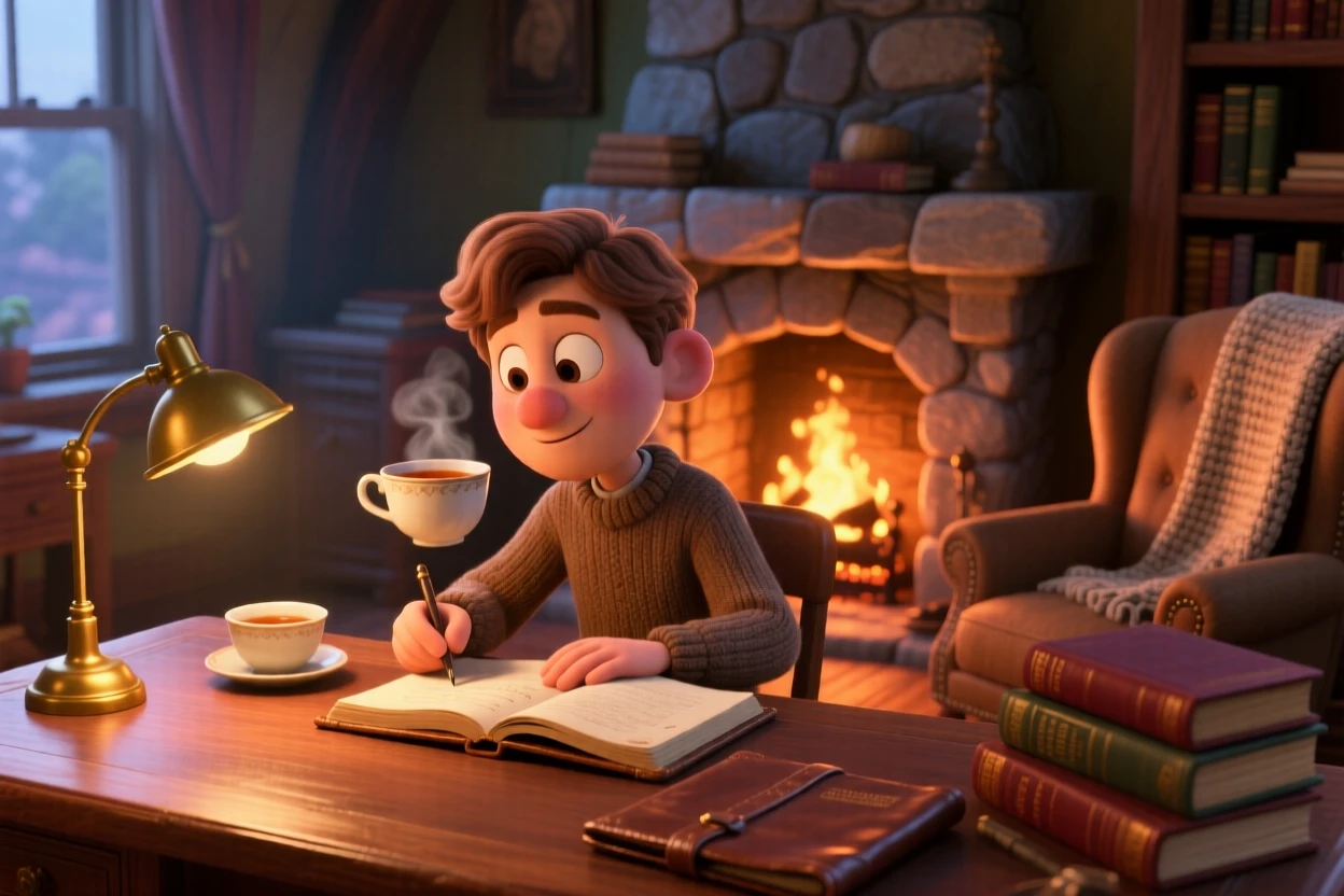 A writer sipping tea at a wooden desk sits beside a crackling stone fireplace, writing softly in a leather journal. A feeling of safety and slow relaxation lingers here, with a stack of books piled beside them.