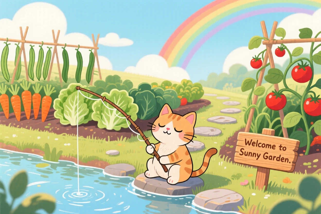 A sleepy kitten pauses from fishing with a bent twig to look up in a tidy vegetable garden, with a rainbow arching in the distance.