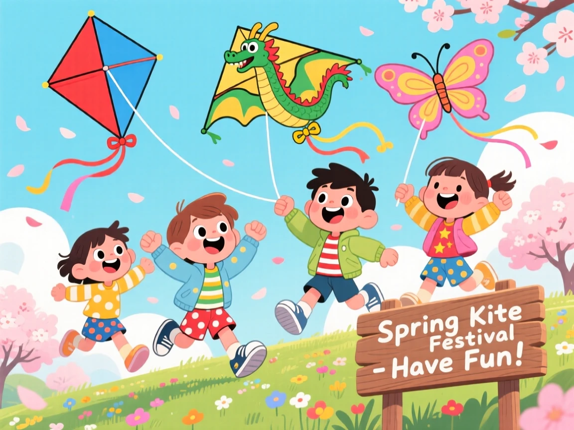 Kids flying colorful kites on a breezy spring afternoon.